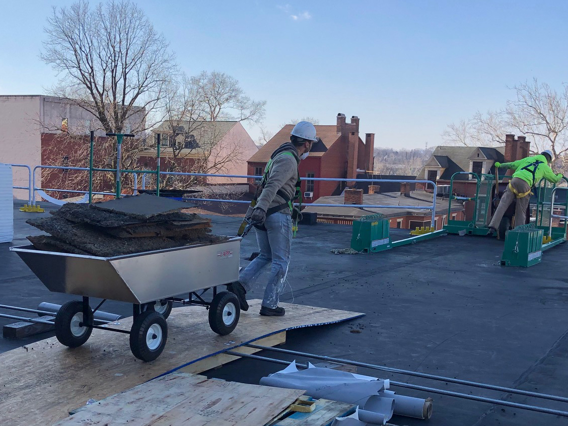 commercial roofing cart pulled on roof